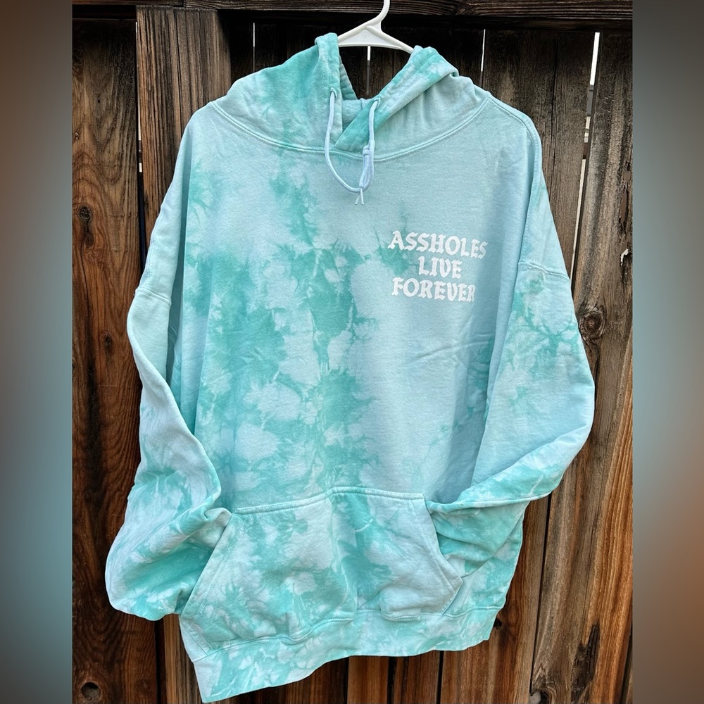Unisex Light Blue Tie Dye Assholes Live Forever Hoodie